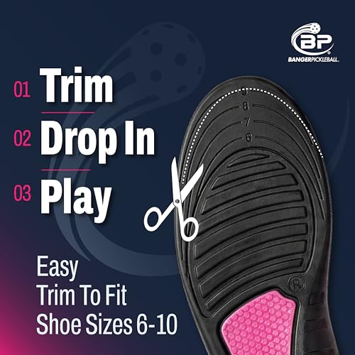 Banger CourtLoc Pickleball Insoles for Women – Low-Profile Arch Support Shoe Inserts, Lateral Stability & Plantar Fasciitis Relief Support – Trim-to-Fit, Moisture-Wicking Court Sport Insole (Women's)