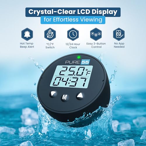 Pure55 PlungeGauge 3-in-1 Cold Plunge Thermometer with Clock & Timer - Ice Bath Water Thermometer with Easy 3-Button Control - Floating Design & IPX7 Waterproof with Audible Beep & LED Indicators