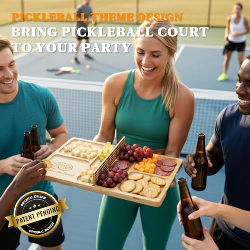 DWATAN Pickleball Court Charcuterie Board with Net, Funny Valentine's Day Pickleball Gifts for Men & Women, 2-in-1 Bamboo Serving Tray & Cutting Board, Pickleball Kitchen Decorations