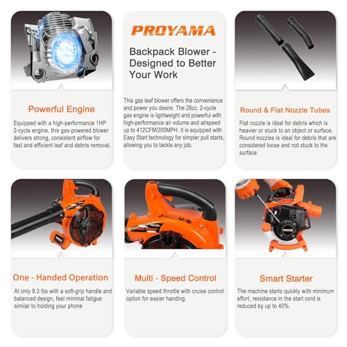 PROYAMA 26CC 2 Cycle Gas Leaf Blower, 2 in 1 Nozzle Handheld Powerful Blower, 412CFM 200MPH Lightweight Powerful Leaf Blower with Cruise Control for Lawn Care Snow Removal, Blowing Debris Leaves Dust