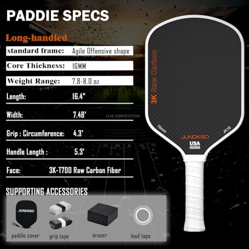 Professional Pickle ball Paddles- T700 Carbon Fiber Pickle Racket- 3K Raw Carbon Frosted Surface for Enhanced Spin and Friction - USAPA Approved Offensive Long Paddle for Intermediate Advanced Players