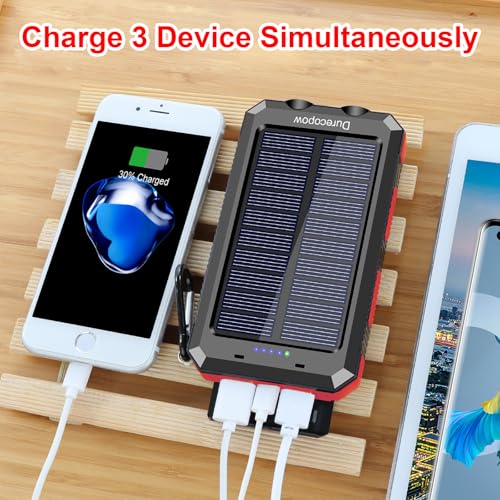 Solar Charger Power Bank, 20000mAh Portable Outdoor Waterproof Solar Battery Charger, Camping External Backup Battery Pack USB C Ports Input/Output, 2 Led Light Flashlight with Compass (Red)