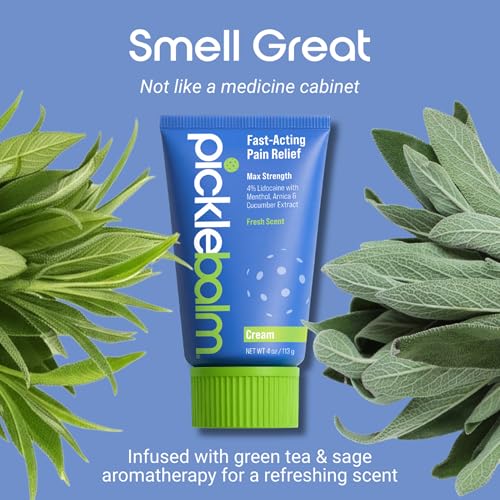PickleBalm Pickleball Post-Game Muscle Pain Relief Cream with 4% Lidocaine, Arnica, Menthol, Cucumber Seed Extract for Shoulders, Knees, Wrists, and More, 4oz Cream