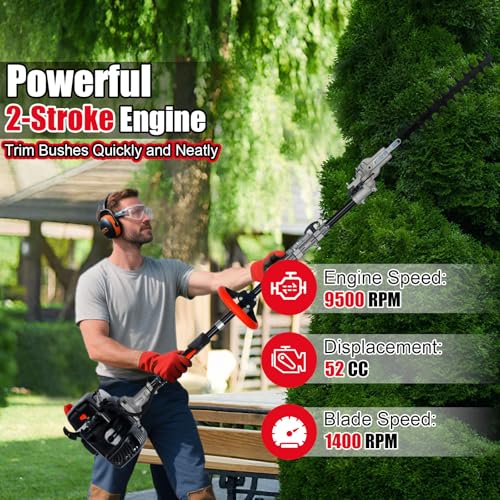 6-in-1 Gas Weed Wacker with Hedge Trimmer, 52CC 2-Stroke String Trimmer/Weed Trimmer/Brush Cutter/Edger, Weed Eater Gas Powered with Extension Pole – Weed Trimmer for Lawn & Garden Care, Orange