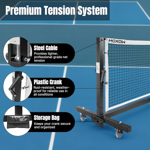 MOXOW Semi-Permanent Pickleball Net for Tournament Play, Heavy-Duty Net with Premium Crank Tension System, All-Weather Rust-Resistant Aluminum Frame with Moveable Wheels
