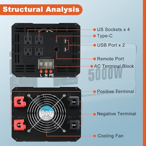 OUBOTEK 5000 Watts Power Inverter Peak 10KW, Pure Sine Wave 12V DC to 120V AC Off Grid Solar Inverter with Wireless Remote Control LCD Display 4 AC Outlets Hardwire Terminal for Home RV Camping