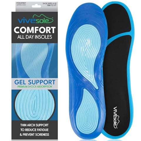 ViveSole Gel Insoles for Men & Women - Shoe Inserts for Walking & Standing All Day - Thin Cushion Soles for Sneakers, Boots - Comfort & Support for Heels, Arch Support, Plantar Fasciitis, Flat Feet