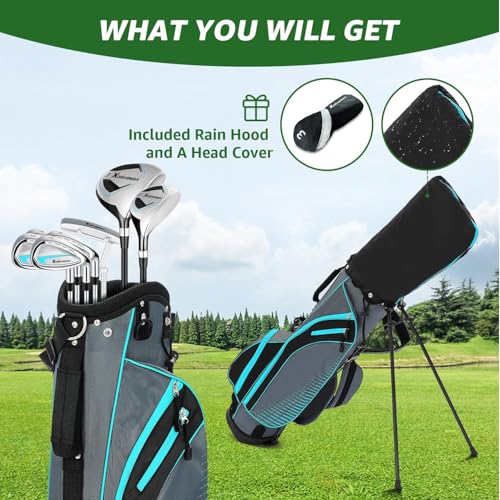 XDriveMax 8-Piece Left/Right Hand Complete Golf Club Set for Men & Women: Wood, Hybrid, Irons, Putter & Bag - Beginner Friendly, High Distance & Accuracy,Right,Light Blue