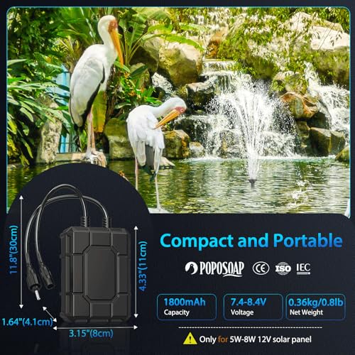 POPOSOAP 1800mAh Battery Backup for Solar Fountain Pump, 7.4V-8.4V Battery Backup for 6W/6.5W/8W Solar Water Fountain Pump Kit(Not Included Solar Fountain)