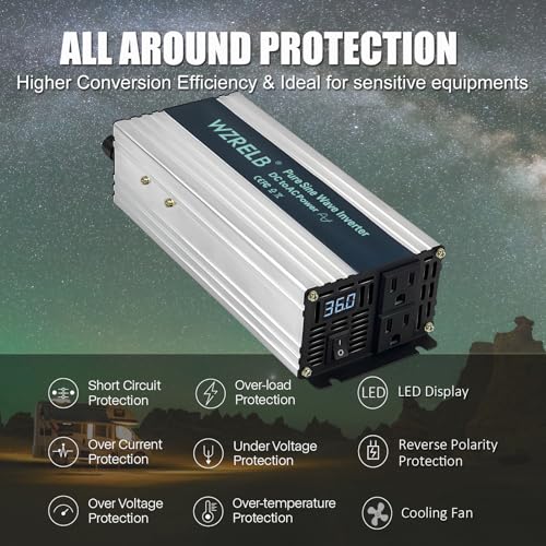 WZRELB 600W Pure Sine Wave Inverter 36V DC to 110V 120V AC Power Converter with LED Display, Off-Grid Portable Power Inverter with 2 AC Outlets for Home, RV, Truck, Camping