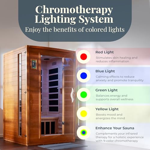 DYNAMIC SAUNAS Andora 2-Person Low EMF FAR Infrared Sauna with Red Light Therapy & Bluetooth Speakers | Personal Indoor Dry Heat Sauna for Home & Gym – Made from Canadian Hemlock