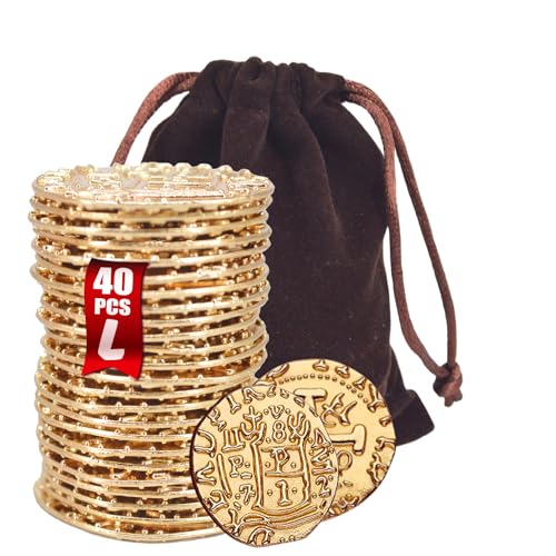 Large Metal Pirate Coins Gold Treasure Coin Set, Metal Replica Spanish Doubloons for Board Games, Tokens, Toys, Cosplay – Realistic Money Imitation for Treasure Chest -Large Size 1.18" (Gold 40 PCS)