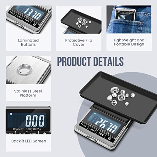 Flexzion Jewelry Small Digital Scale .01 Gram Accuracy - Portable Digital Jewelry Scale Gram & Ounces with 300g Weight Capacity - Micro Scale for Herbs, Gold, Coins with Multi-Unit Conversion