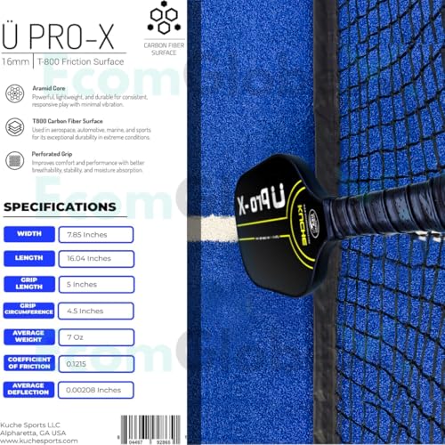 Kuche U PRO-X | T-800 Carbon Fiber Pickleball Paddle - Aramid Honeycomb Core -16MM Thick Sandblasted Surface for Spin & Control - USAPA Approved Pickle Ball Equipment for Men & Women