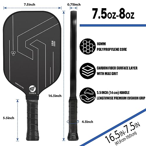 OXIKEN 16mm Pickleball Paddles, 2025 USAPA Approved, Frosted Carbon Fiber Surface (CFS), Polypropylene Lightweight Honeycomb Core with Cover Case Black, Ideal for Intermediate and Professional Players