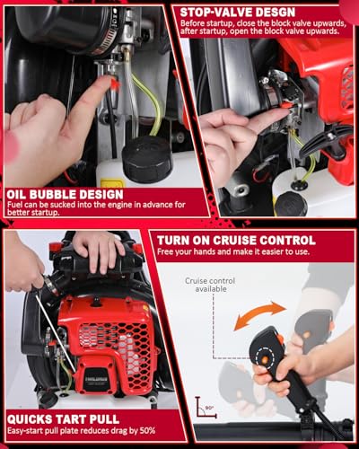 Thalorus 63CC Gas Backpack Leaf Blower, 2-Stroke, 665 CFM, 205 MPH, Variable Speed & Cruise Control, Ergonomic Harness, Reduced Emissions, for Fast Yard Cleanup (TR695 Pro)