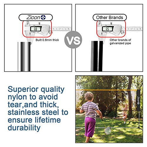 Zicon Portable Tennis Net,Stainless Steel Poles Badminton Net Set Adjustable Height Nylon Net with Carry Bag, for Kids Volleyball, Pickleball,Soccer, Indoor, Outdoor Court, Backyard, Beach, Driveway