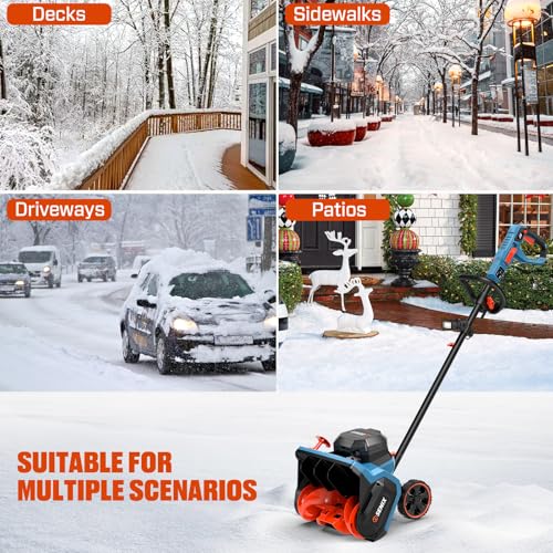 SENIX 60V 15" Cordless Snow Blower, Snow Shovel with Wheel for Decks, Steps, Driveways & Walkways |Brushless Motor, 6000mAh Battery, 6" Depth, 33FT Throw, 600lbs/m, LED Lights, 2 Speed, 75° Direction