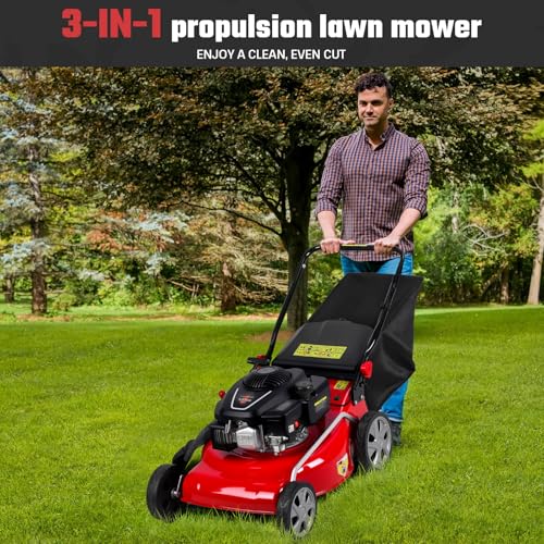 3 in 1 Gas Lawn Mower Self Propelled Self Propelled Gas Lawn Mower, 131cc Engine with Air Cooling, 50L Grass Tank, Foldable Design Red, Big Wheels & Easy Start