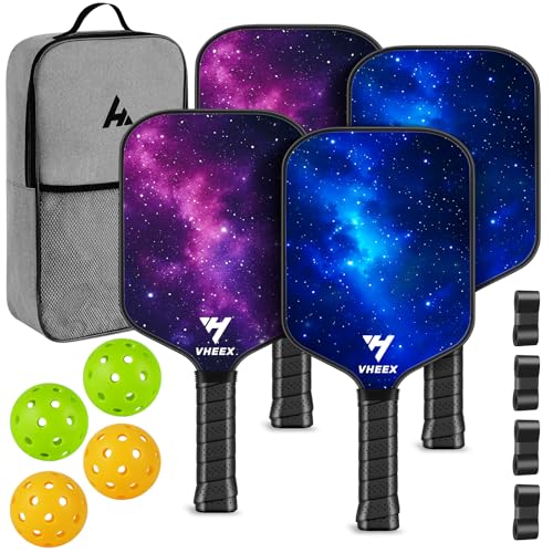 VHEEX Pickleball Paddles Set of 4, Carbon Fiber Pickle Ball Paddle Set, Lightweight Indoor Outdoor Play Rackets Equipment 4 Pack with 4 Balls & Bag Family Beginner Easter Gift Men Women Kids Adult