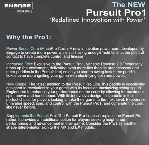 Engage Pursuit Pro1 Pickleball Paddle - Raw Carbon Fiber for Extreme Spin - MachPro Core for Maximum Power & Control, Standard Weight (8.0-8.3 Ounce)