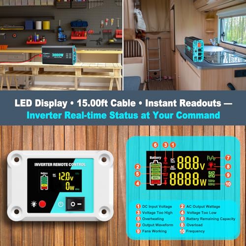 LANDERPOW 3000 Watt Pure Sine Wave Inverter 12V DC to 120V AC for RV, Truck, Solar, Home, Off-Grid, Power Inverter with 3 AC Outlet, 30W USB-C, 5V 3.1A USB, Hardwire Port, Remote Control, Surge 6000W