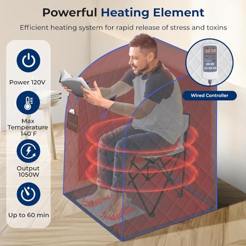 SereneLife Portable Sauna Box for Home, Infrared Sauna Tent with Heated Foot Pad and Folding Chair, Remote Control In-Home Spa, 38" x 32”