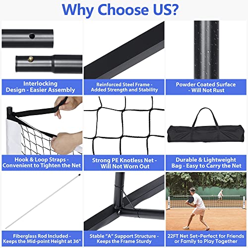 JupiterForce 22FT Pickleball Net Set, Portable Pickle Ball Net with Stable Metal Frame, Regulation Size Net and Carrying Bag for Backyard, Driveway, Indoor Outdoor Practice and Play