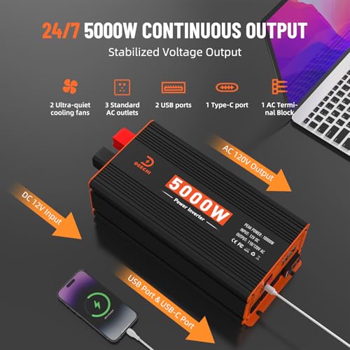 5000W Power Inverter 12V DC to 110V/120V AC Converter for RV/Truck/Boat/Camping/Off-Grid Solar Car Power Inverter Peak Power 10000W with 3 AC Outlets,USB & Type-C Port, Remote Controller & LCD Screen
