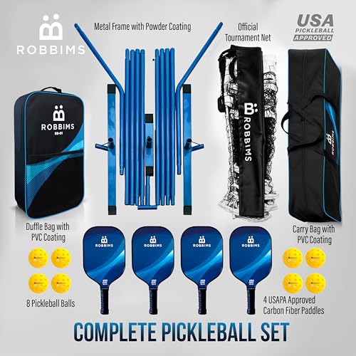 Pickleball Set with Net | 4 USA Pickleball Approved Carbon Fiber Paddles, Portable Regulation Size Net Set, 8 Outdoor Balls, Duffle Bag & Carry Bag - ROBBIMS