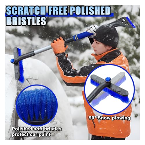 KITUREK 31.5" Detachable Snow Brush and Ice Scraper for Car Windshield, 2-in-1 Winter Snow Removal Tool with Extendable, 360° Rotating Soft Bristle Brush Head and Foam Grip for Most Vehicles (Blue)
