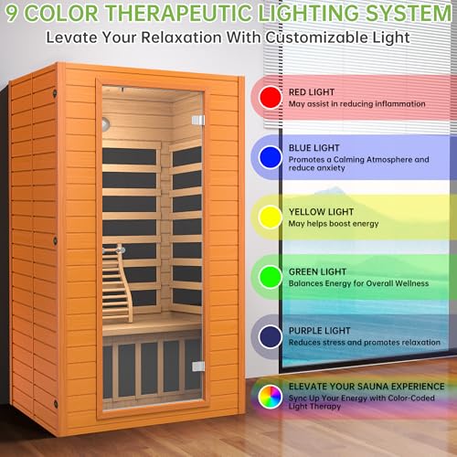 Real Relax Infrared Sauna for Home, Home Infrared Saunas up to 1-2 Persons, Canadian Hemlock Wooden Indoor Dry Sauna Room with Low Emf Red Light Therapy, 9-Color Chromotherapy Lights