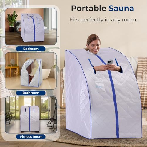 SereneLife Portable Sauna Box for Home, Infrared Sauna Tent with Heated Foot Pad and Folding Chair, Remote Control In-Home Spa, 38" x 32”
