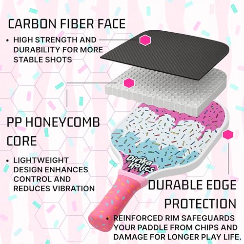 DINKA HOLICS Carbon Fiber Pickleball Paddle – 16mm PP Honeycomb Core, Lightweight 220–235g, Comfortable Grip, Durable Design for Control & Power (Ice Cream)