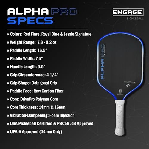 Engage Pursuit Alpha Pro 14mm Pickleball Paddle - Royal Blue | Raw Carbon Fiber Face, 8.0 oz Elongated Speed Paddle for Aggressive Play