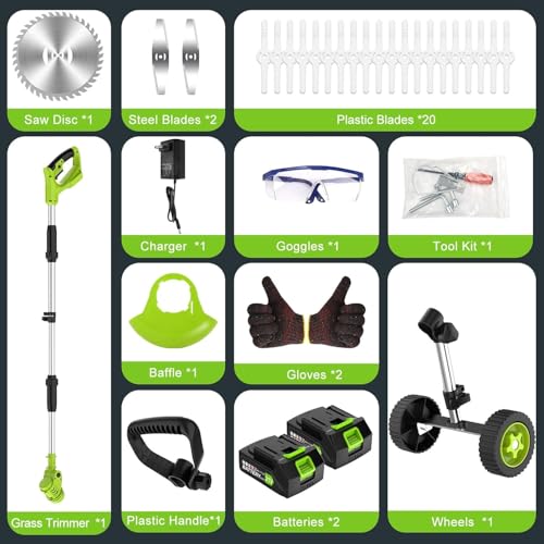 6 Inch Electric Weed Wacker with Wheels, Lightweight Electric Weed Eater, 650W High Power 8500 RPM,4000mAh Battery Powered Weed Eater, Multifunctional Grass Trimmer Lawn Tool,Green