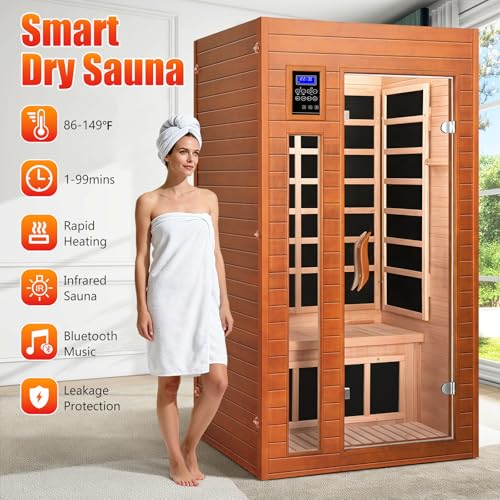 X-Vcak 1-2 Person Infrared Sauna, Dry Heat Sauna with Red Light Therapy, Bluetooth, Radio, 7-Color Therapy Light for Home, Indoor, Gym, Wellness Center, 36″ x 36″ x 73″