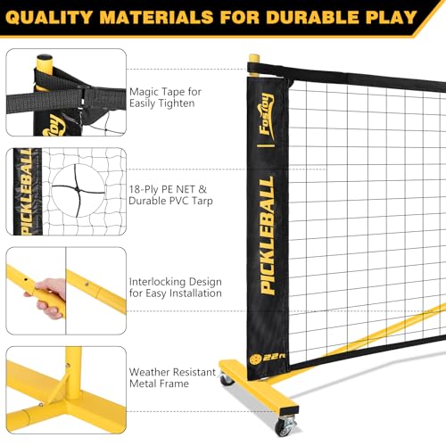 Portable Pickleball Net Set with Wheels, Regulation Size 22 FT & Half Court 11 FT, Steady Metal Frame Pickle Ball Net Set System with Carry Bag for Backyards, Driveways, and Garages (Black&Yellow)