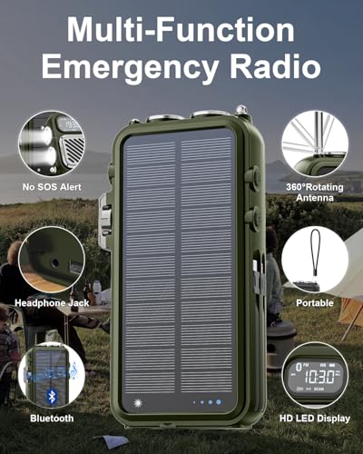 Emergency Radio&22000mAh Solar Power Bank, FM NOAA Weather Radio, Portable Hand Crank Bluetooth Radio, 20W Fast Charge Wireless Phone Charger, SOS Flashlight for Emergency/Home