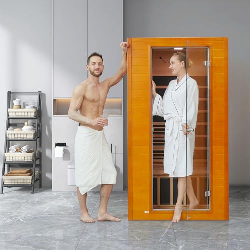 Real Relax Infrared Sauna for Home, Home Infrared Saunas up to 1-2 Persons, Canadian Hemlock Wooden Indoor Dry Sauna Room with Low Emf Red Light Therapy, 9-Color Chromotherapy Lights