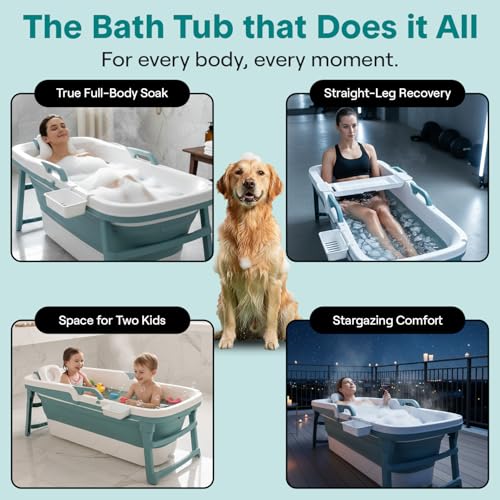 SereneLife 59" Portable Bathtub for Adults – Large Foldable Freestanding Bath Tub for Hot Spa, collapsible for Cold Plunge Ice Bath, Indoor/Outdoor, Pet & Family Use, Complete Set