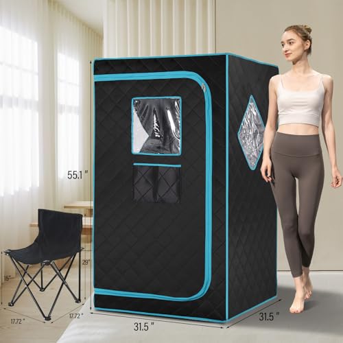 iDOTODO Portable Steam Sauna Box for Home Spa, Steam Saunas for Home, Full Body Sauna Tent for Relaxation, 1500W & 4L Sauna Steamer Machine, Remote Control, Foldable Chair (Black)