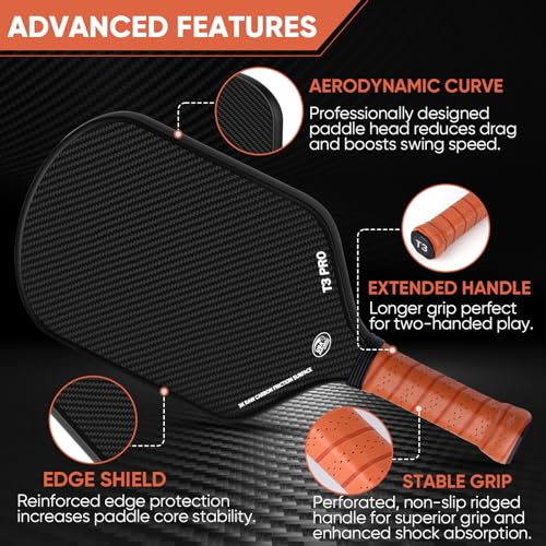Pickleball Paddle - 3K Raw Carbon Fiber Surface (CFS) + Carbon Abrasion Surface (CAS) with High Grit & Spin, Sure-Grip Elongated Handle, Pickle Ball Paddle with 16mm Polypropylene Honeycomb Core
