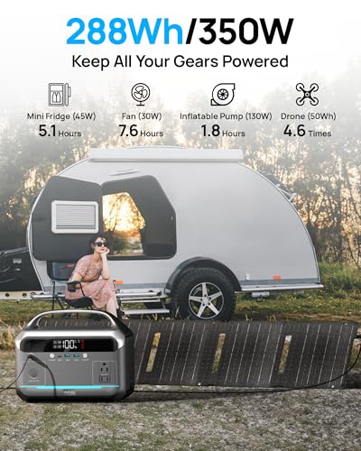 Portable Power Station 350W with 40W Foldable Solar Panel, 288Wh LiFePO4 Battery Solar Generator,110V/600W Surge Backup,Outdoor Power Bank for Hurricane Emergency,RV,Camping,Laptops,Off-Grid living