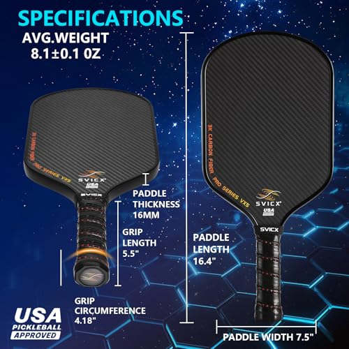 SVICX Pickleball Paddles,Carbon Fiber Pickleball Paddle,16mm - High Performance,USAPA Approved,Extended Handle for Two-Handed Grip,Enhanced Control & Power (3K+T700 Carbon Fiber (Black))