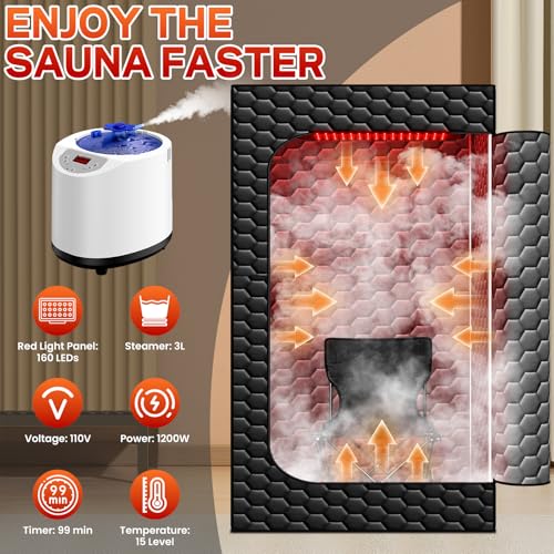bsdonte Infrared Sauna Box, 160 LEDs Red Light Sauna Steam Room, Portable Steam Sauna Tent with Red Light Therapy, 3L/1200W Steamer, 15 Heating Levels, Chair, Indoor Saunabox for Home Steam Spa