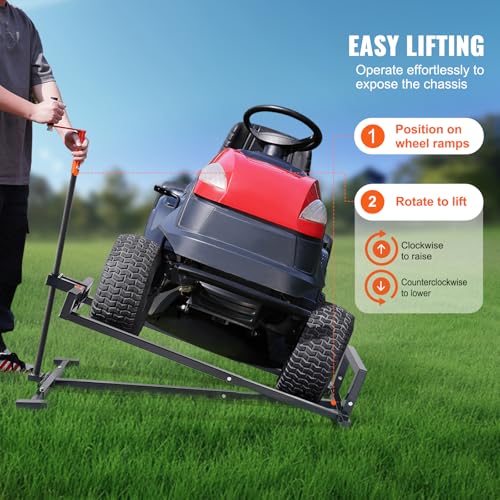 VEVOR Ride on Lawn Mower Lift Jack, 880 Lbs Weight Capacity, Telescopic Maintenance Jack with Crank Handle & Power Tool Handle, Foldable Lawn Tractor Lifter for Lawn Mowers and Garden Tractors, Black