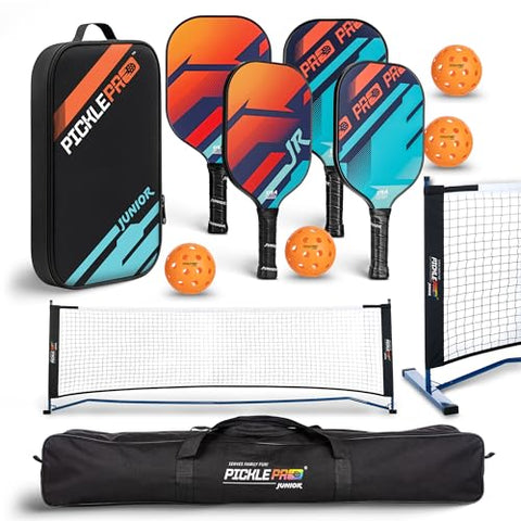 PicklePro Junior – Complete Pickleball Set with 10ft Net for Youth & Families – Includes 4 Junior Paddles, 4 Pickleballs, Carry Bag & Portable Net – USAP Approved Beginner Pickleball Kit