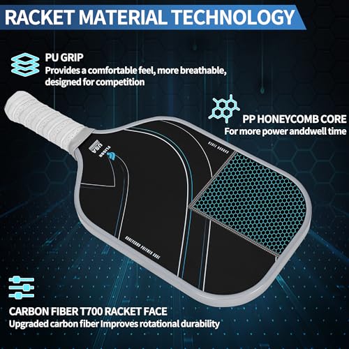 Fligon Pickleball Paddles Carbon Fiber T700 Surface USAPA Approved Pickleball Paddle Enhanced Grip & Spin Featuring 16MM Polypropylene Honeycomb Core Perfect for Beginner and Advanced Players（Grey）