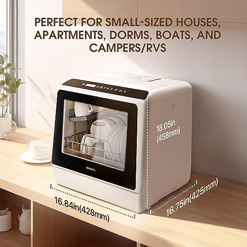 NOVETE Portable Countertop Dishwashers, Compact Dishwashers with 5L Built-in Water Tank & Inlet Hose, 5 Washing Programs, Baby Care, Air-Dry Function and LED Light for Small Apartments